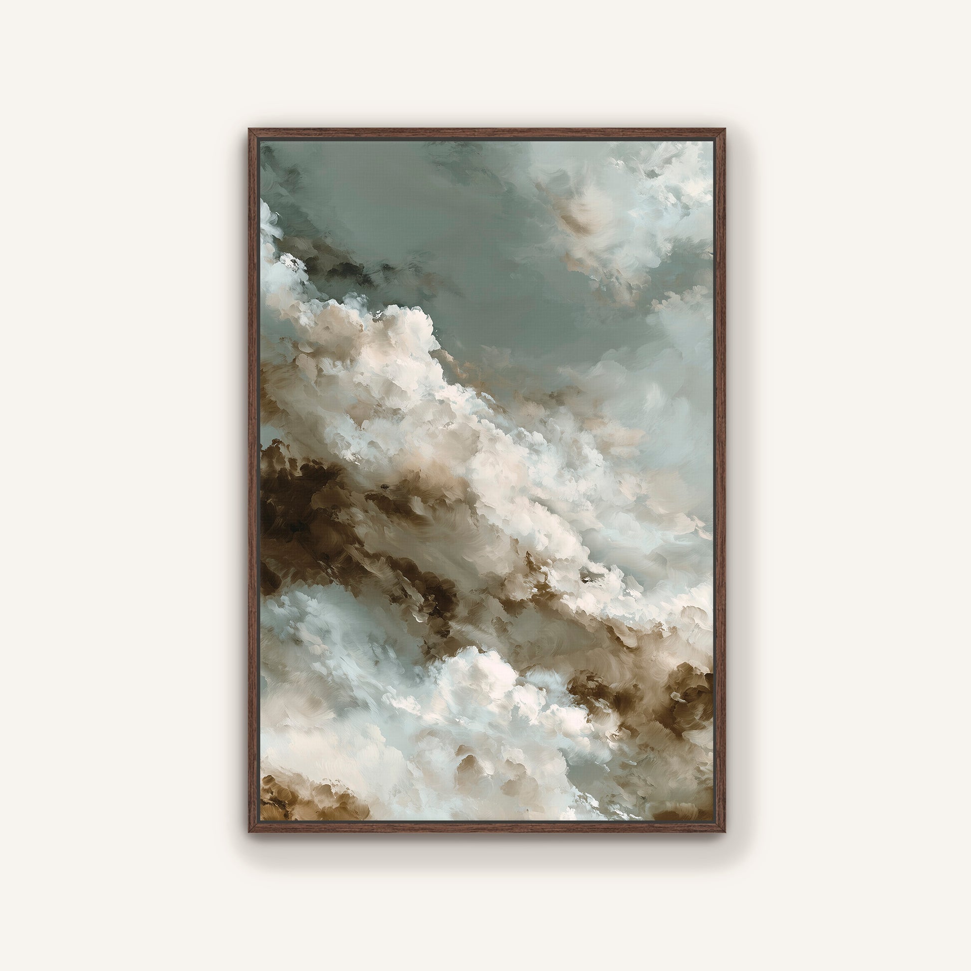 The image is a framed painting depicting a cloudy sky with a mix of white, gray, and brown colors.