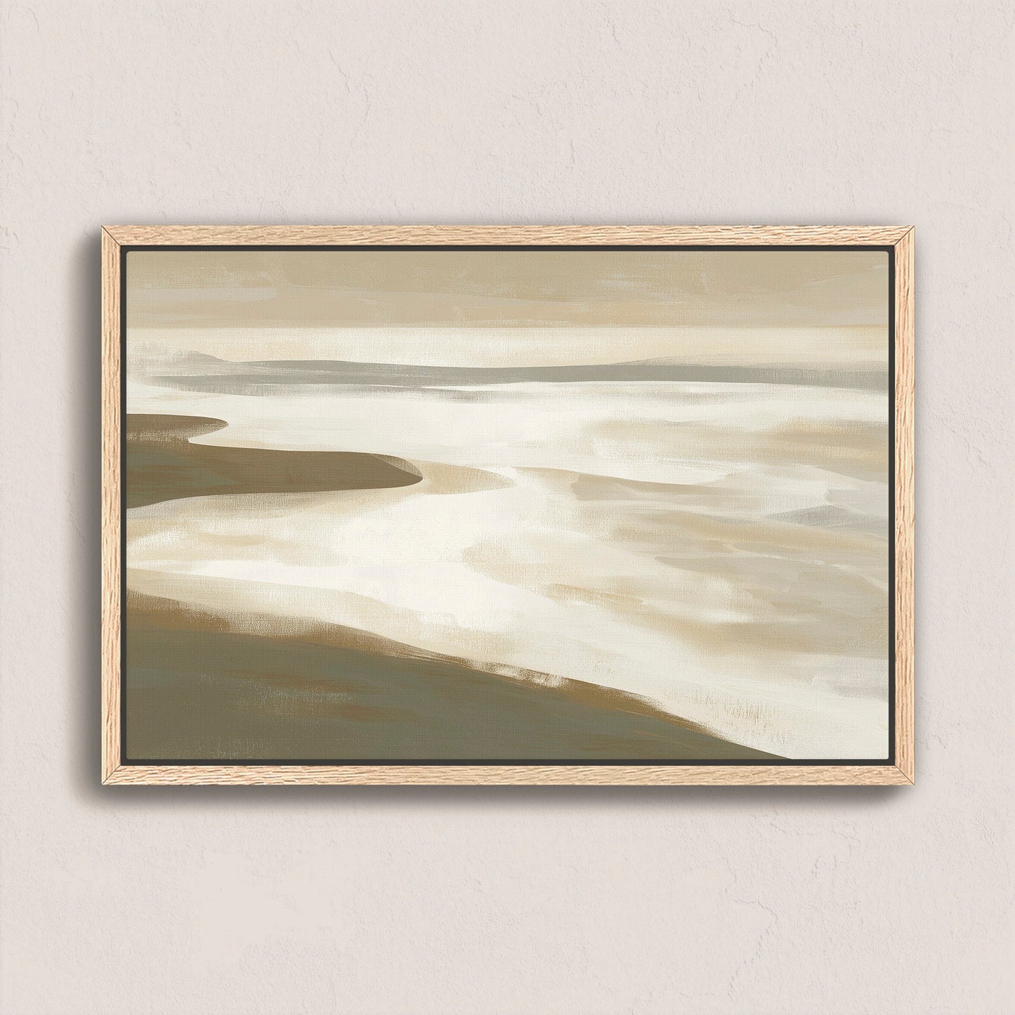Emie Canvas Print of a tranquil coastal landscape in beige, ivory, and olive tones with soft light and muted sands, framed in natural wood.