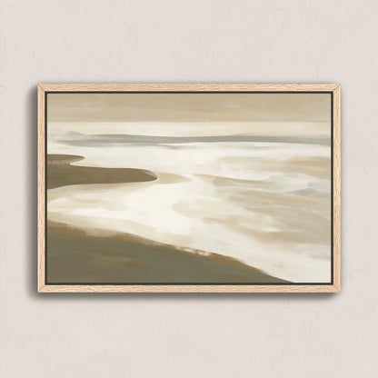 Emie Canvas Print of a tranquil coastal landscape in beige, ivory, and olive tones with soft light and muted sands, framed in natural wood.