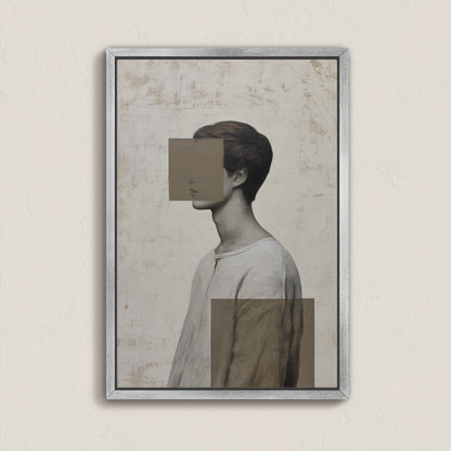 Masked Canvas Print featuring abstract portrait with geometric concealment in muted tones, gallery-wrapped archival-grade canvas