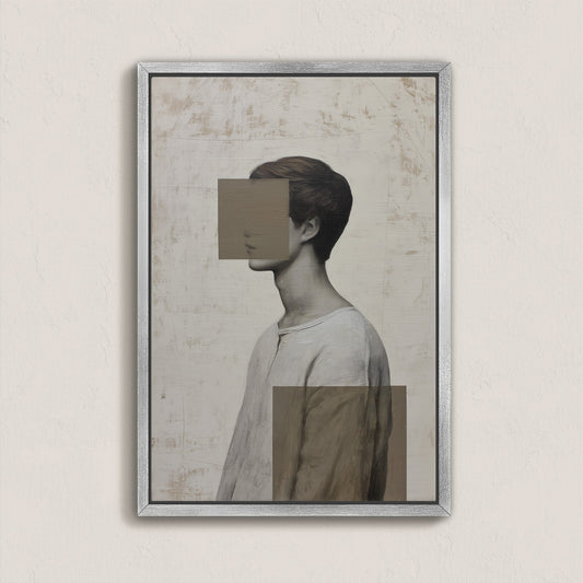 Masked Canvas Print featuring abstract portrait with geometric concealment in muted tones, gallery-wrapped archival-grade canvas