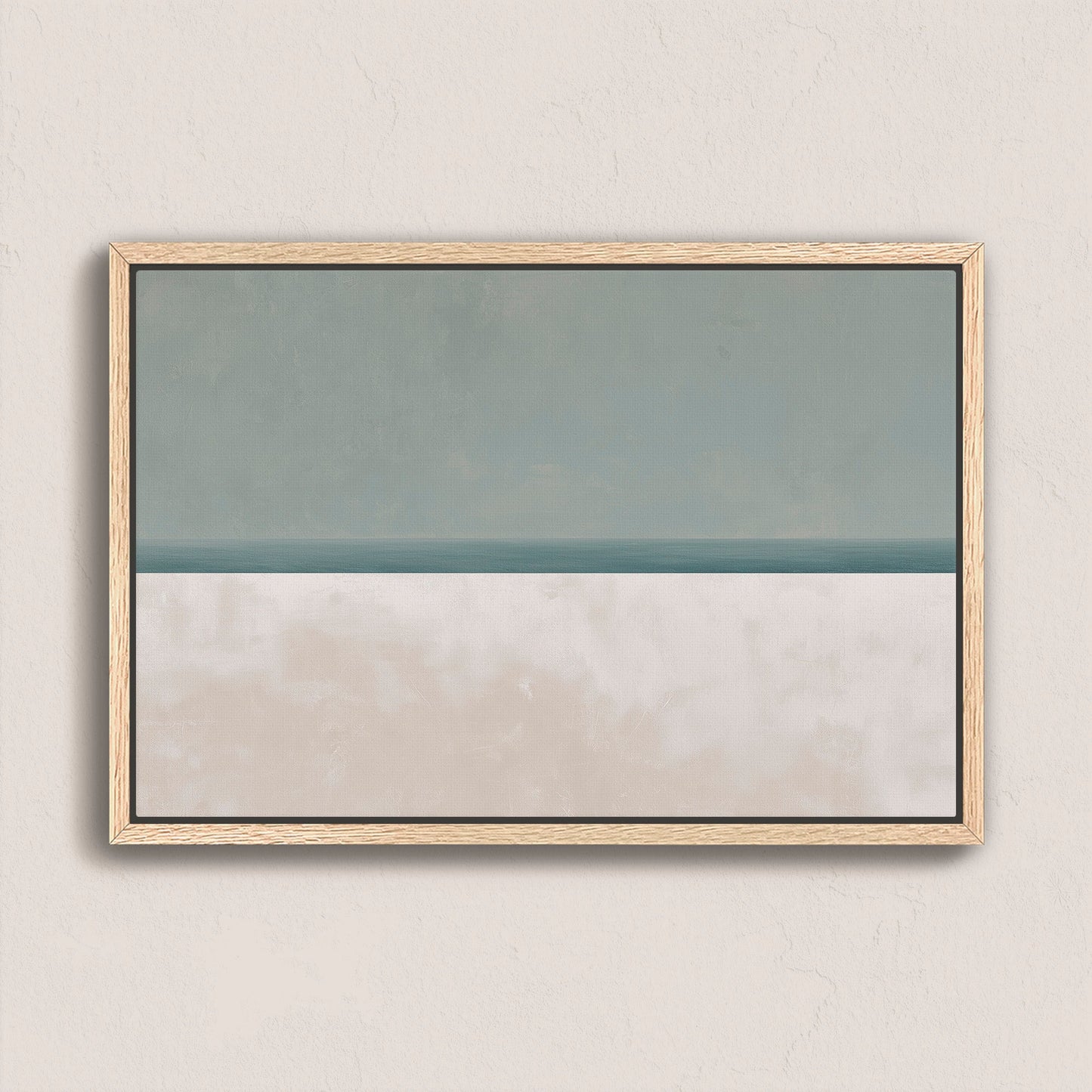 Minimalist Azure Canvas Print in muted sage and sand hues with natural wood frame, depicting serene sea and sky balance