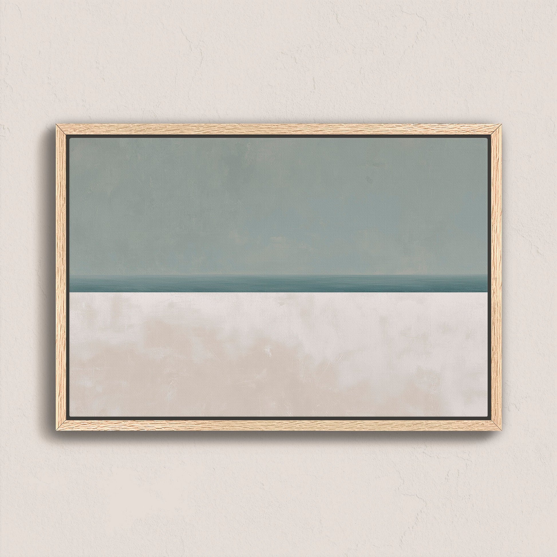 Minimalist Azure Canvas Print in muted sage and sand hues with natural wood frame, depicting serene sea and sky balance