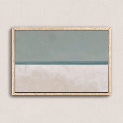 Minimalist Azure Canvas Print in muted sage and sand hues with natural wood frame, depicting serene sea and sky balance