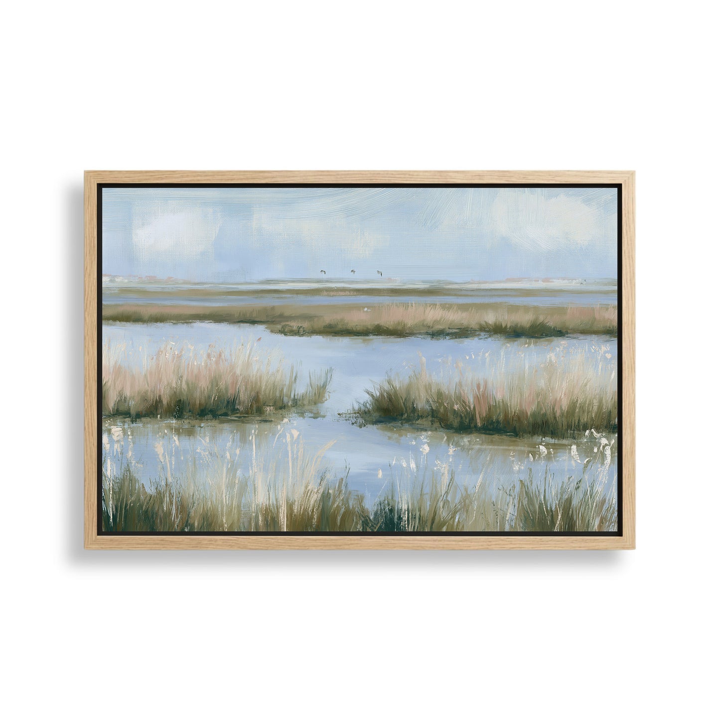 The image is a painting depicting a serene landscape with a body of water surrounded by tall grasses and a cloudy sky.