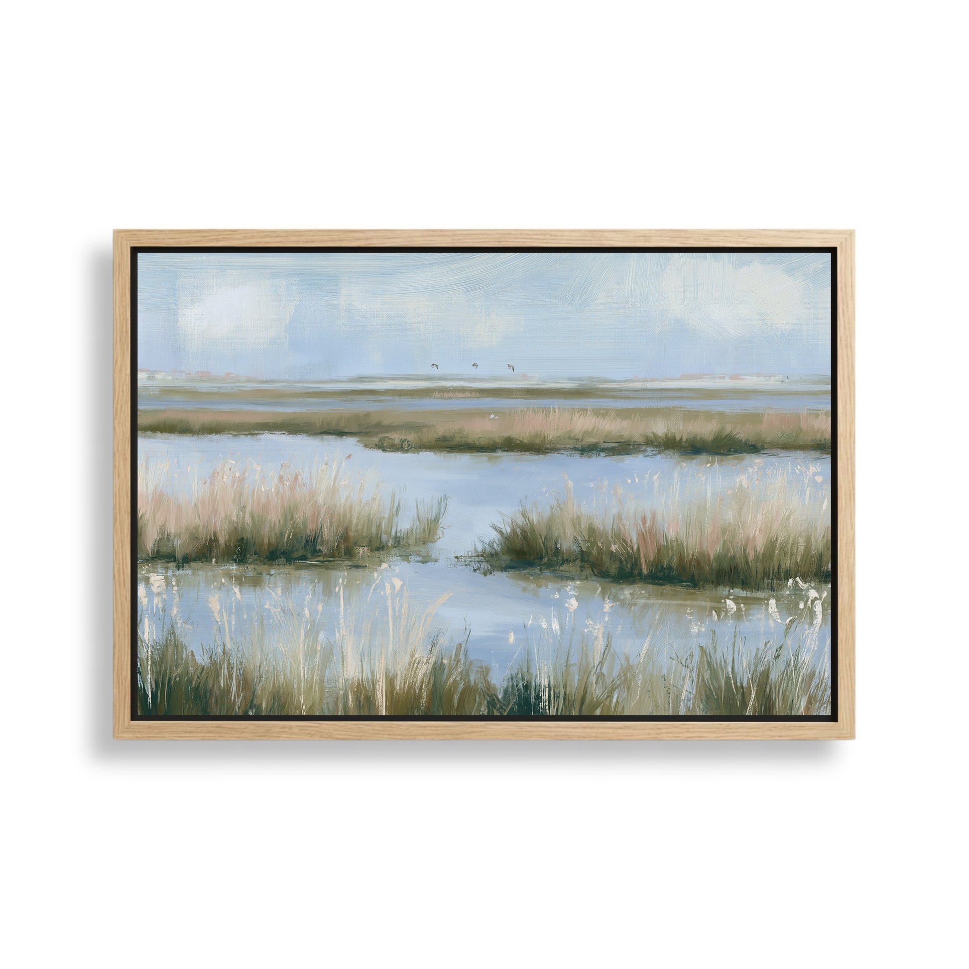 The image is a painting depicting a serene landscape with a body of water surrounded by tall grasses and a cloudy sky.