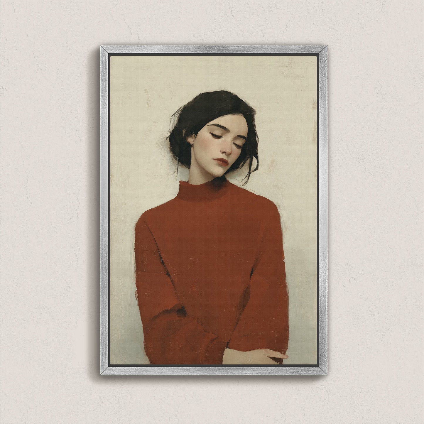 Madi canvas wall art portrait of woman in red sweater with serene expression in minimalist frame