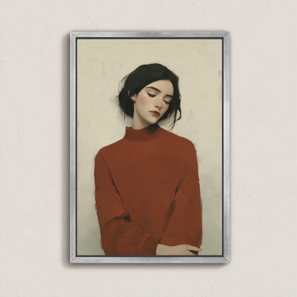 Madi canvas wall art portrait of woman in red sweater with serene expression in minimalist frame