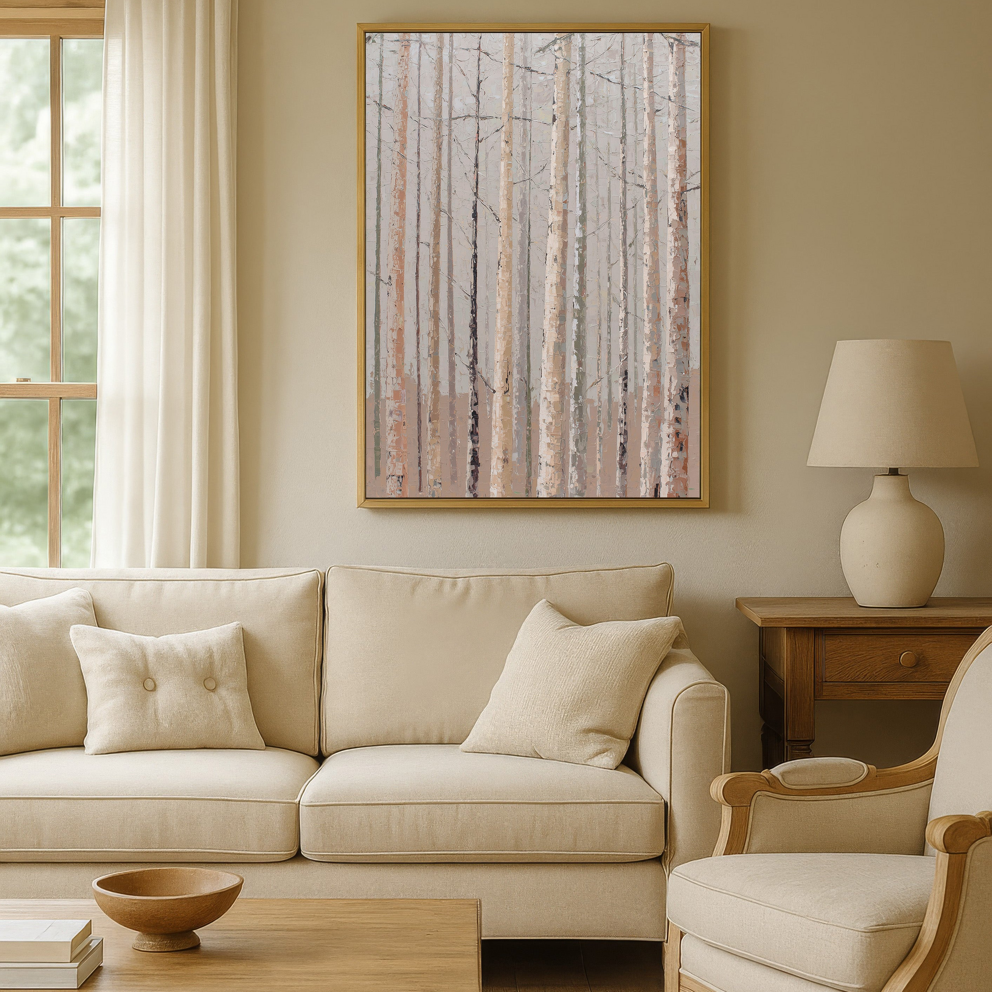 a cozy living room with a large window, a beige sofa, a wooden coffee table, and a framed artwork of trees on the wall.