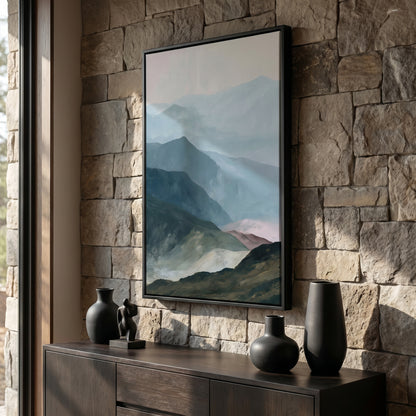 a framed painting of a mountain landscape hanging on a stone wall above a wooden dresser. The dresser has three black vases placed on it.