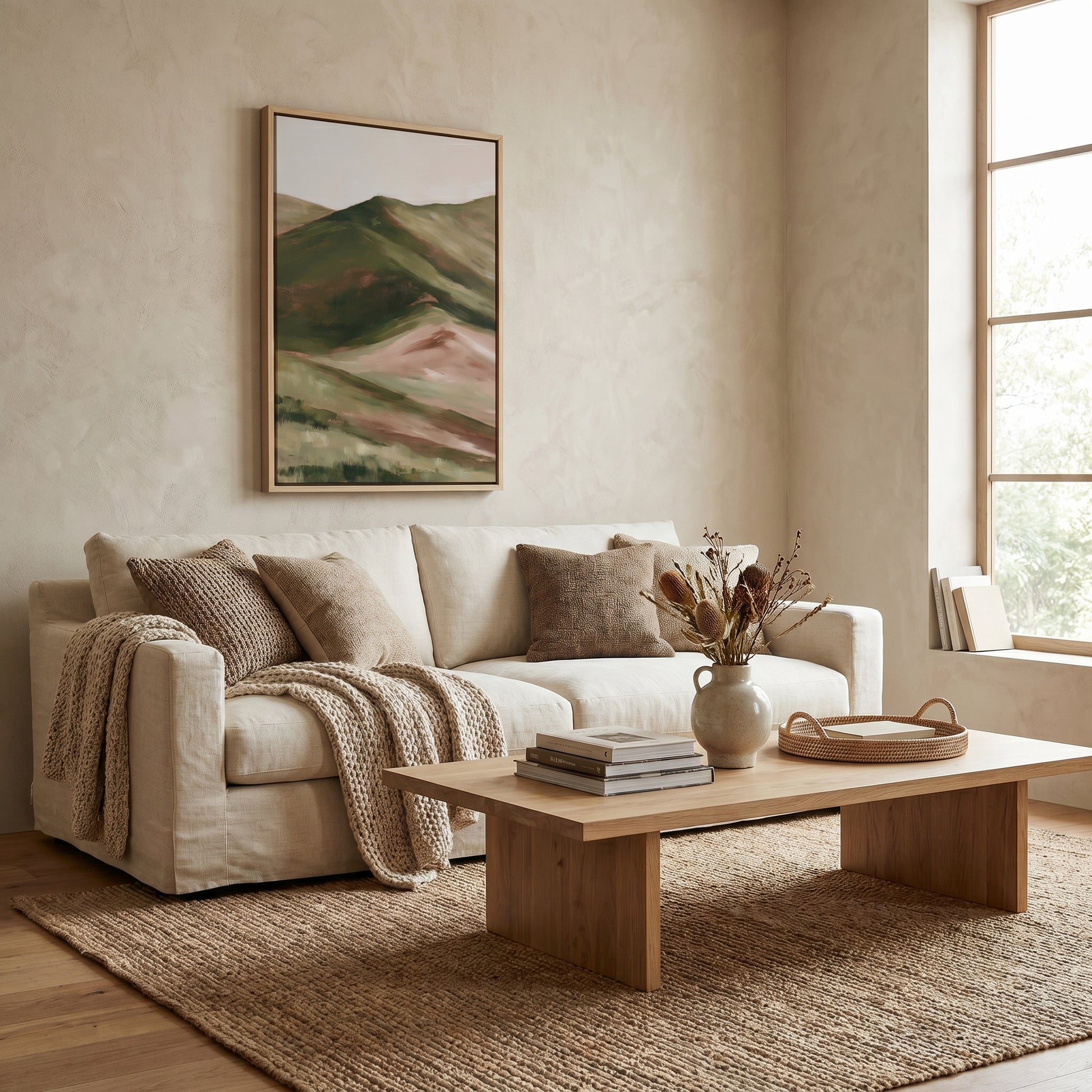 a cozy living room with a beige sofa, a wooden coffee table, and a framed landscape painting on the wall. The room has a warm, neutral color scheme and features a large window that allows natural light to fill the space.