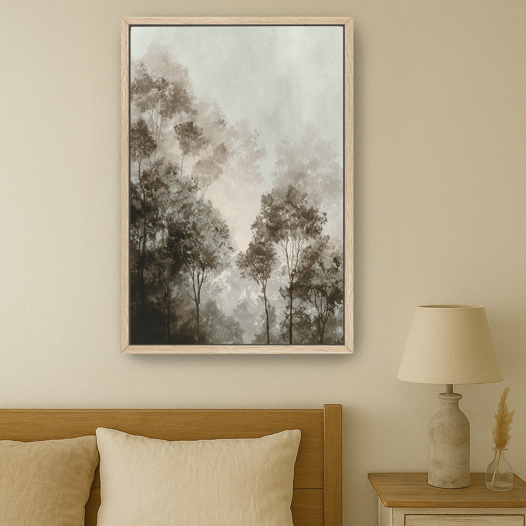 a modern living room with a large framed landscape painting hanging on the wall above a wooden cabinet. The room is furnished with a white sofa, a coffee table, and a potted plant.