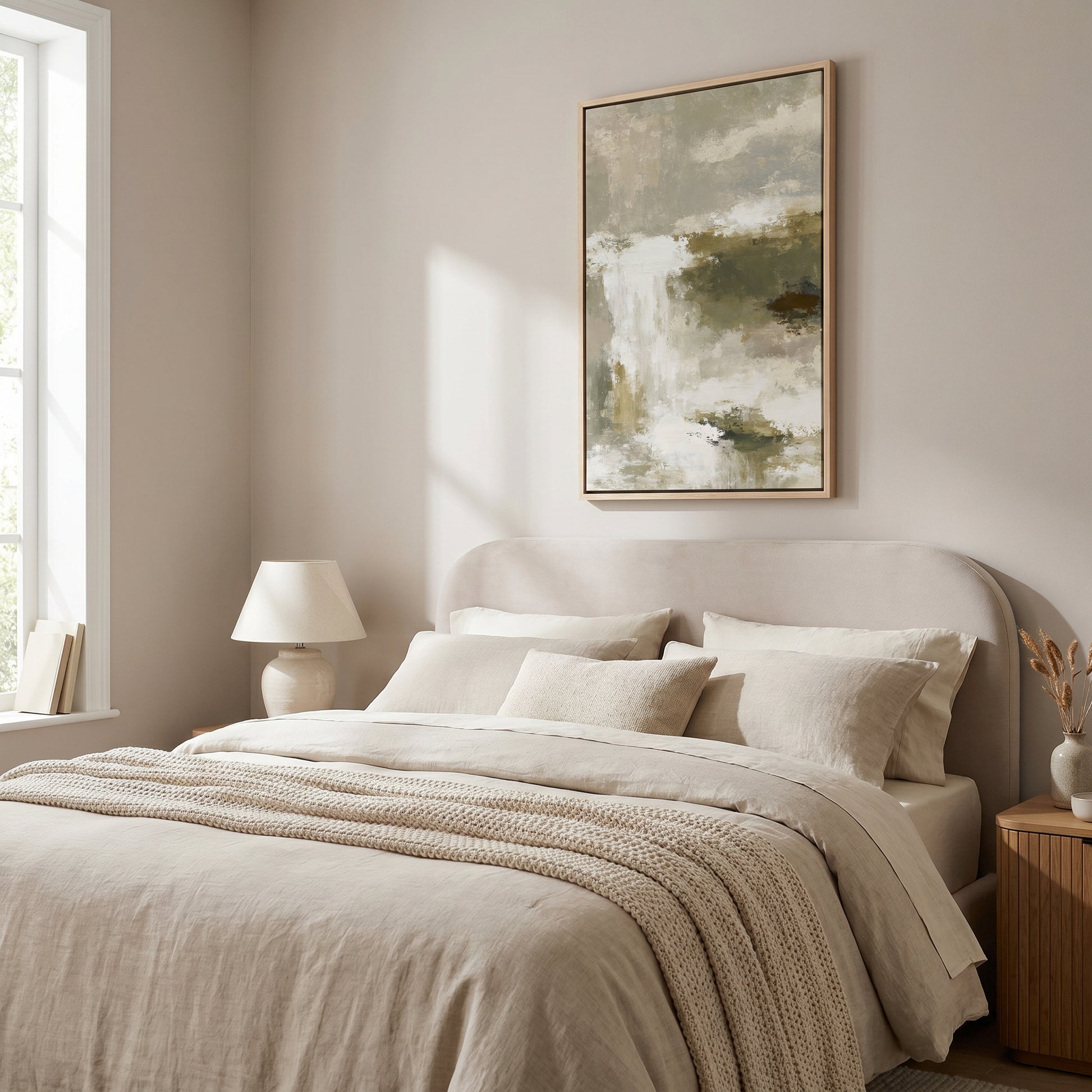 a serene and cozy bedroom with a large bed, a lamp, and a framed abstract painting on the wall.