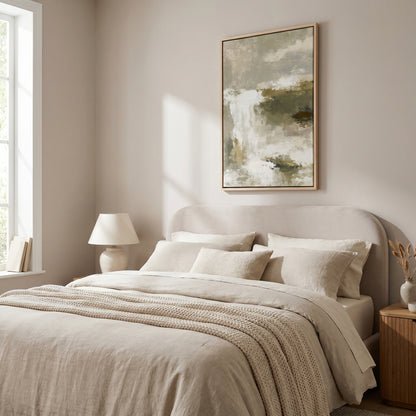 a serene and cozy bedroom with a large bed, a lamp, and a framed abstract painting on the wall.