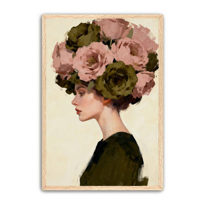 A woman with a large floral headdress is depicted in profile, wearing a dark green top.