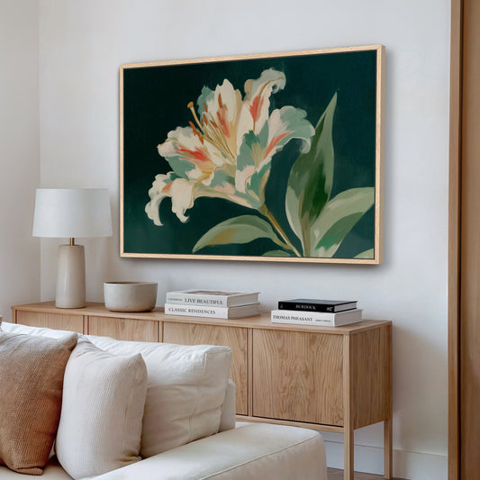a living room with a large framed painting of a lily flower hanging on the wall above a wooden cabinet. The cabinet has a bowl and a stack of books on it. The room also includes a white couch and a lamp.