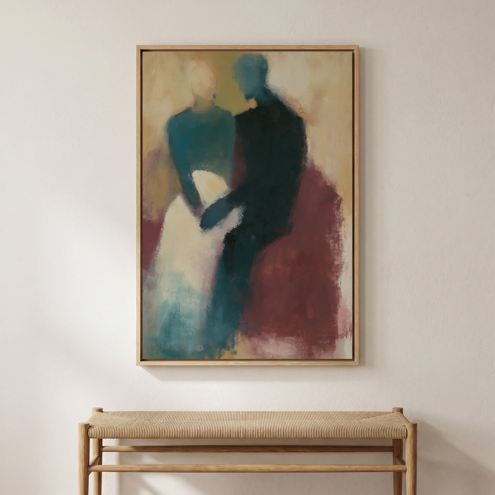 a large abstract painting hanging on a white wall above a wooden bench.