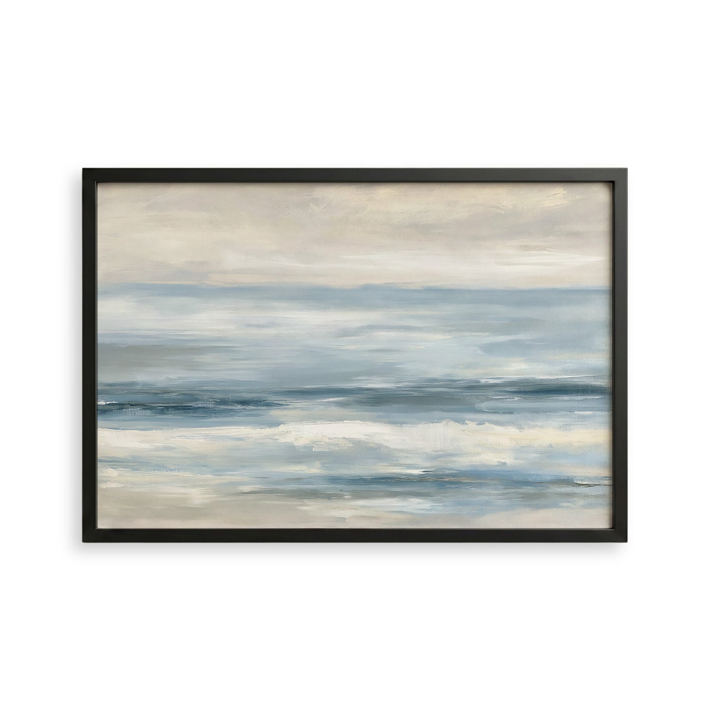The image is a framed painting depicting a serene ocean scene with a cloudy sky above.