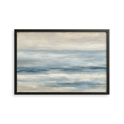 The image is a framed painting depicting a serene ocean scene with a cloudy sky above.