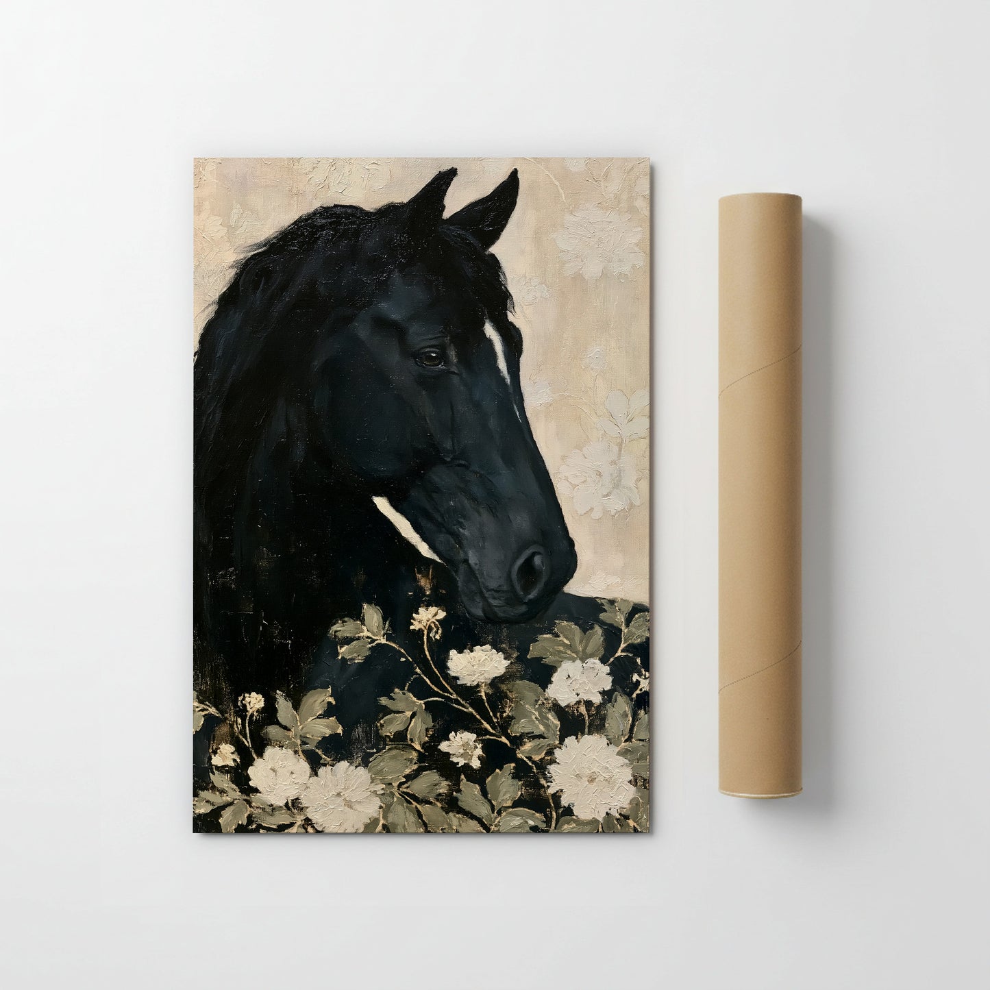 The image is a painting of a black horse with a floral background.