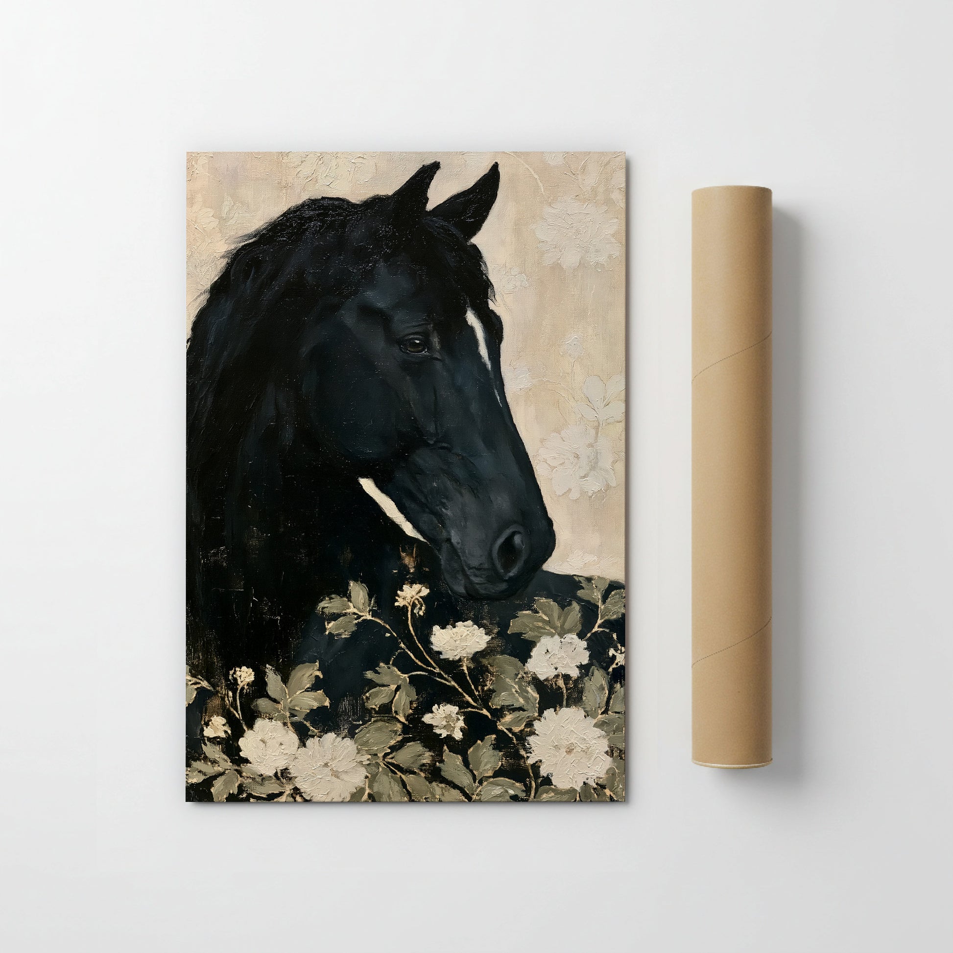 The image is a painting of a black horse with a floral background.