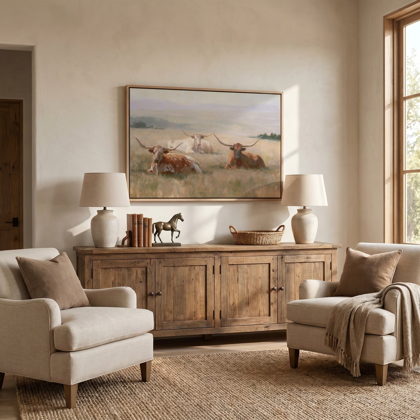 a cozy living room with a large painting of cows on the wall, a wooden cabinet, two armchairs, and a rug on the floor.