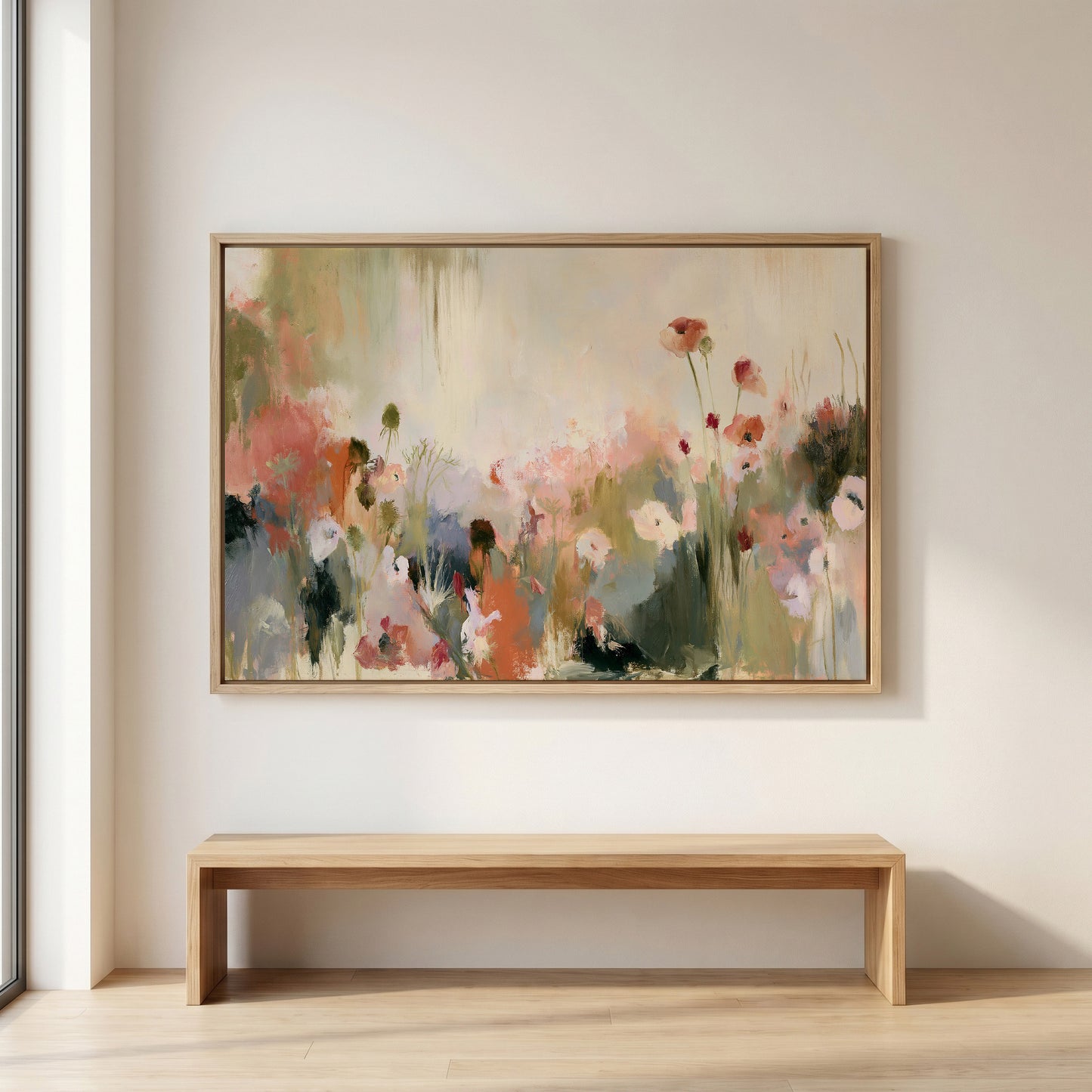 a large, colorful painting of flowers hanging on a wall above a wooden bench.