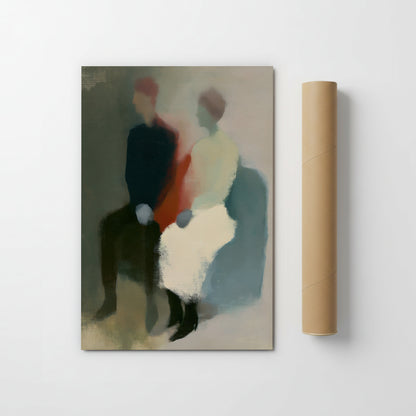 The image is an abstract painting featuring two figures sitting together, with one figure wearing a black jacket and the other wearing a white dress.