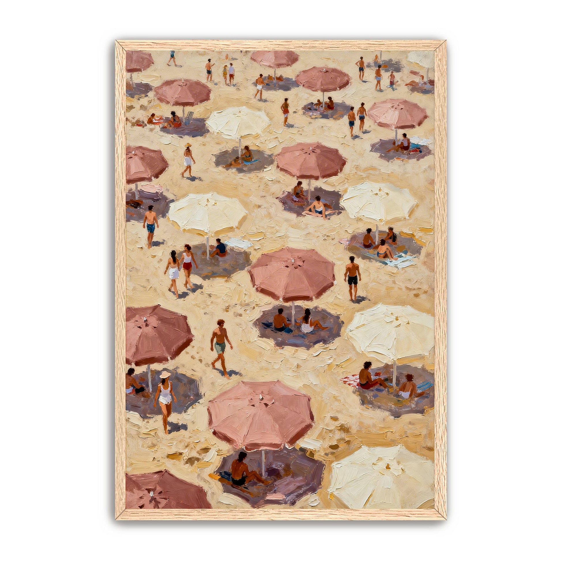 The image is a painting depicting a crowded beach scene with numerous people and umbrellas.