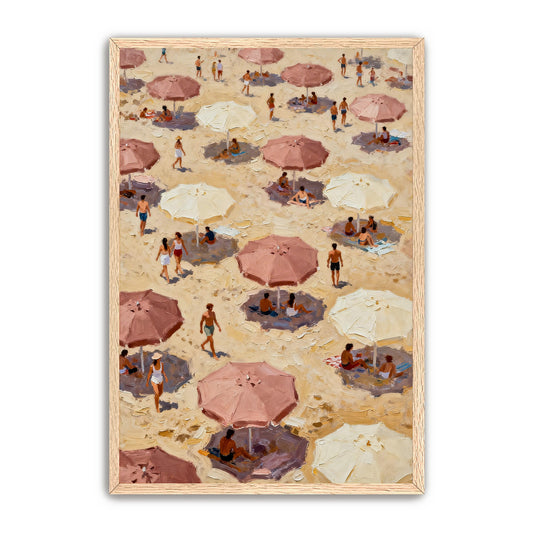 The image is a painting depicting a crowded beach scene with numerous people and umbrellas.