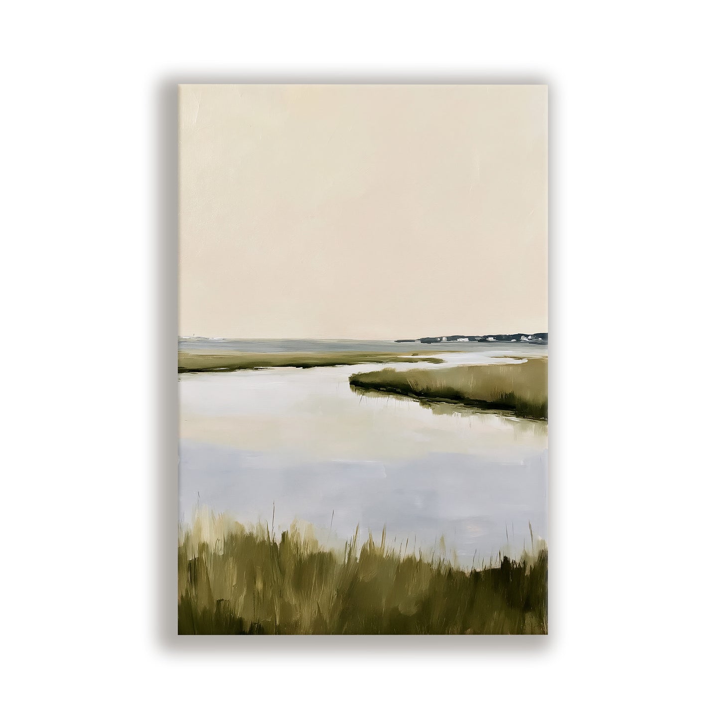 a serene landscape with a calm body of water, surrounded by lush green vegetation.