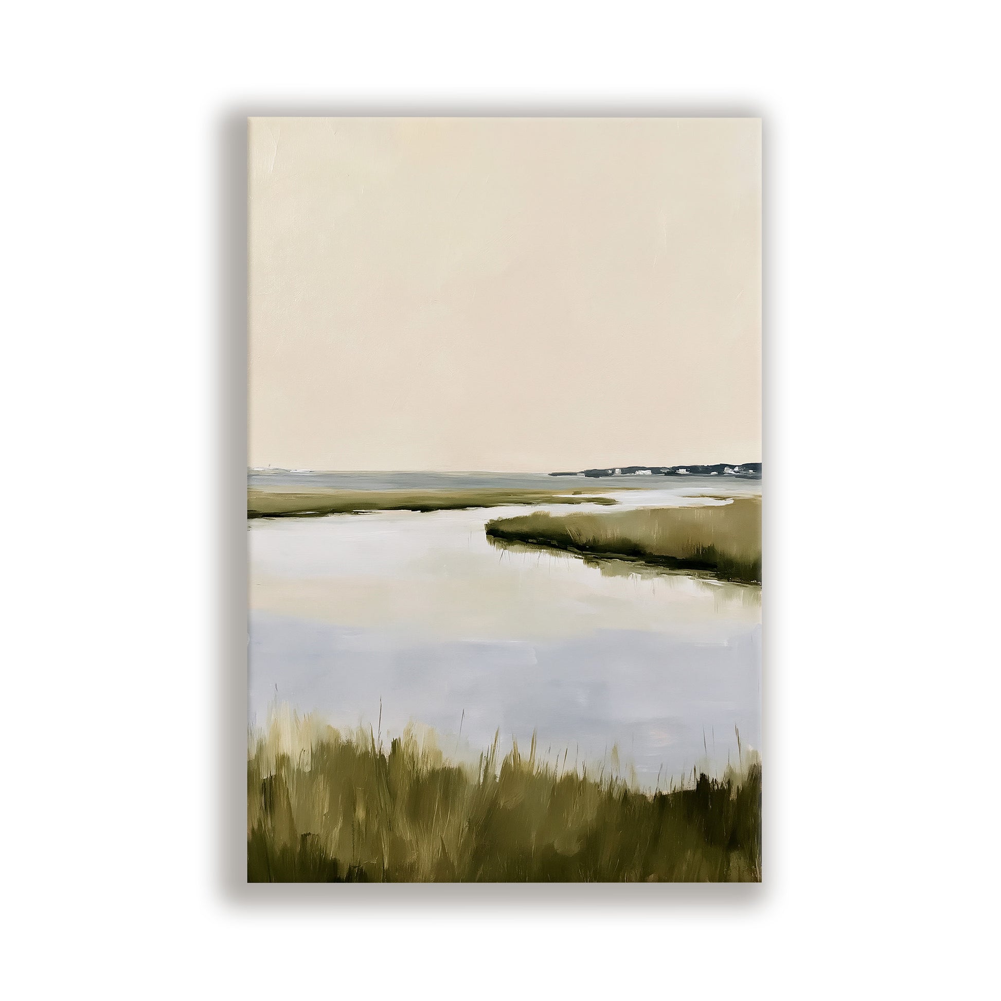 a serene landscape with a calm body of water, surrounded by lush green vegetation.