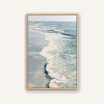 The image is a framed painting depicting a serene ocean scene with waves gently lapping against the shore.