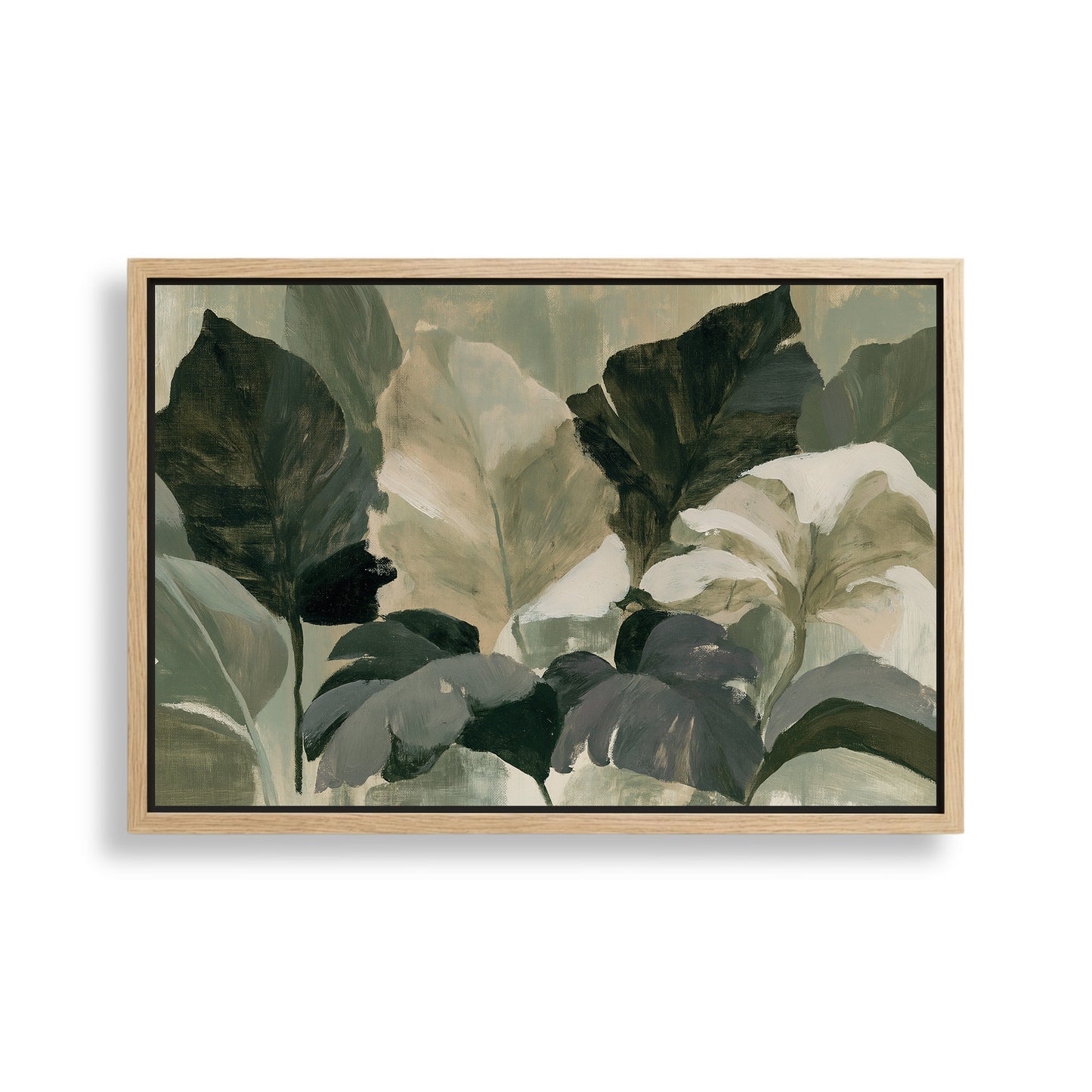The image is a framed painting depicting a lush, green plant with large leaves and smaller leaves, creating a natural and vibrant scene.