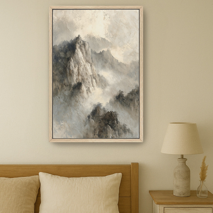 a serene bedroom scene with a large framed painting of a mountain landscape hanging on the wall above a bed with a wooden headboard.