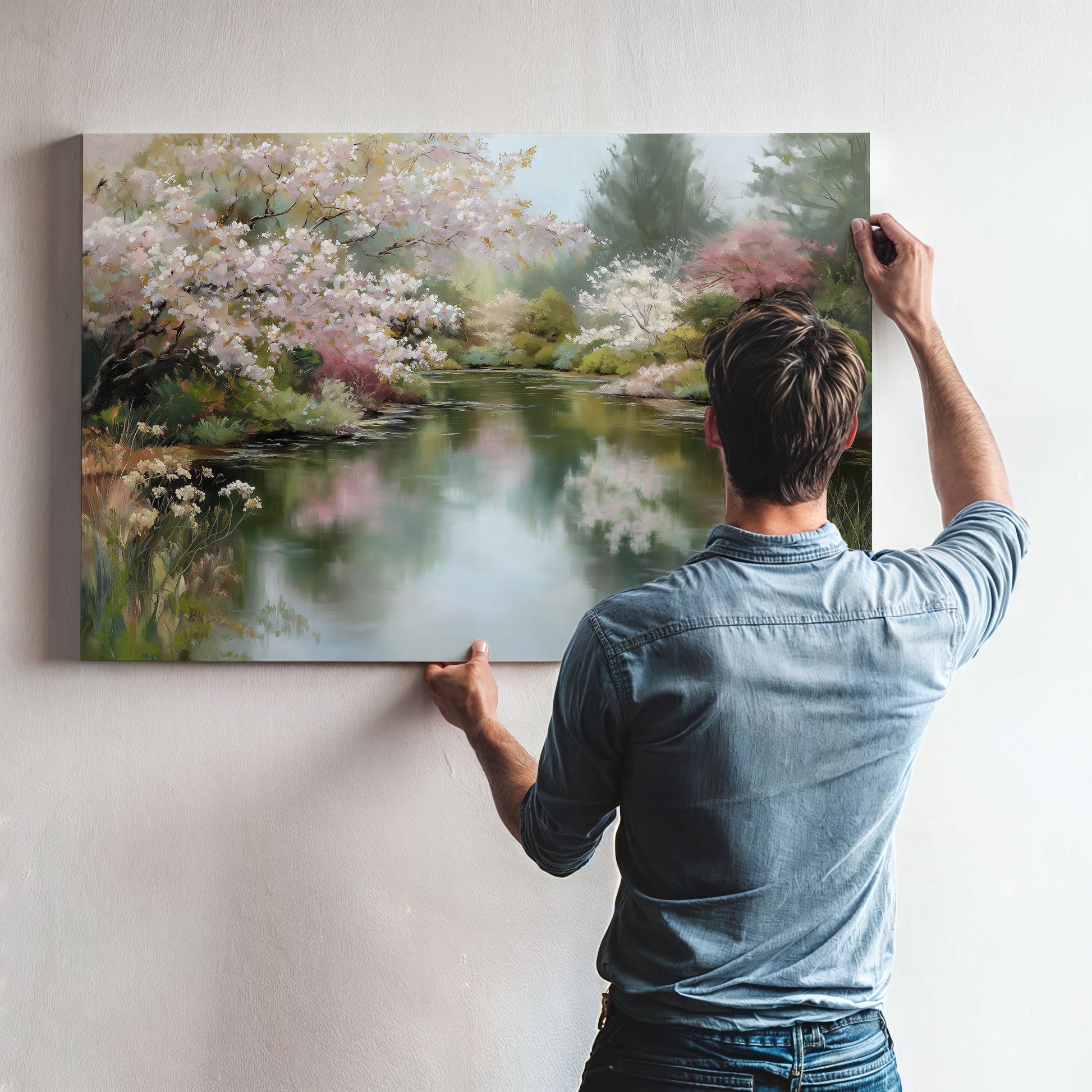 A man is hanging a large painting of a serene landscape on a wall, which features a tranquil pond surrounded by blooming trees.