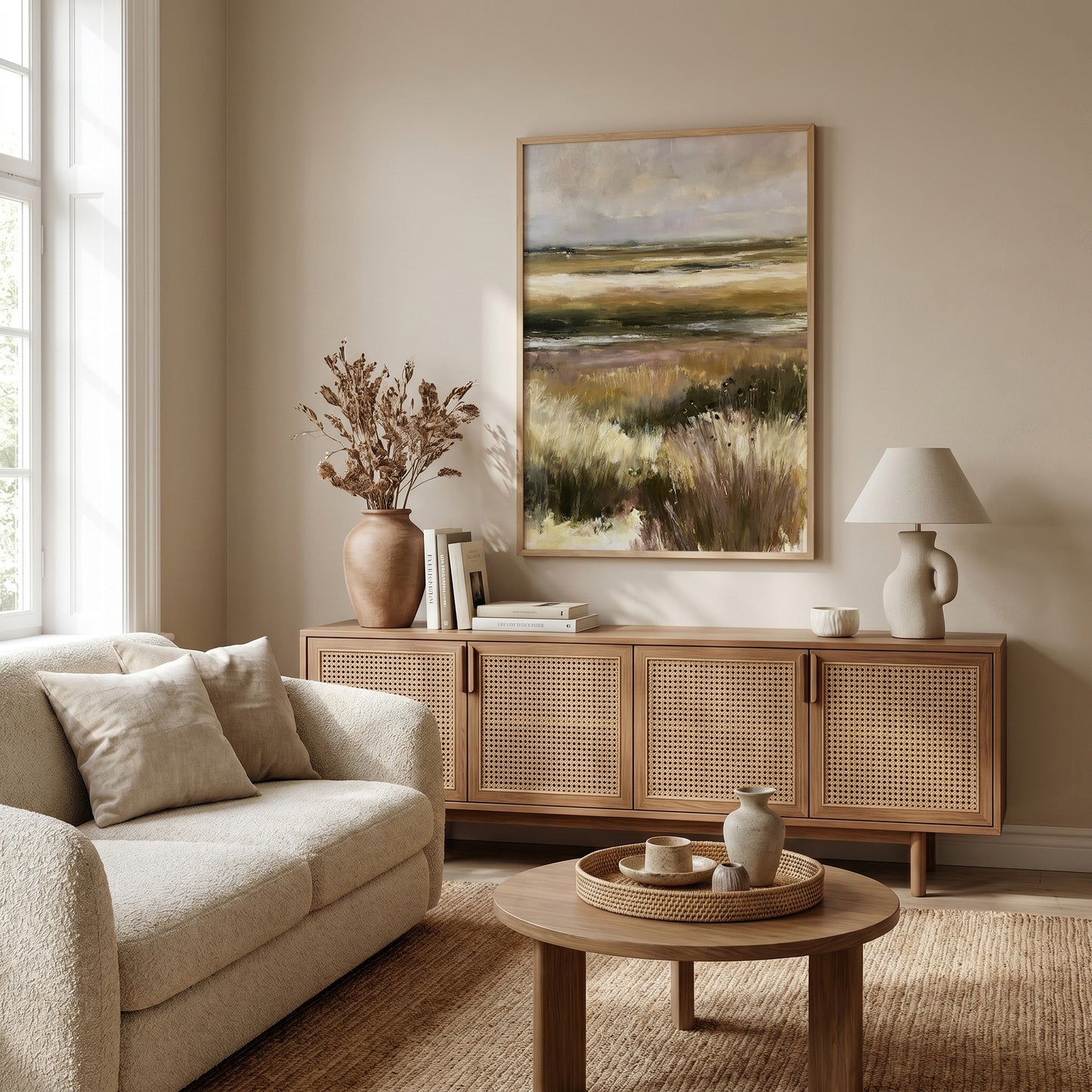 a cozy living room with a large painting of a field on the wall, a beige sofa, a wooden sideboard, and a round coffee table.
