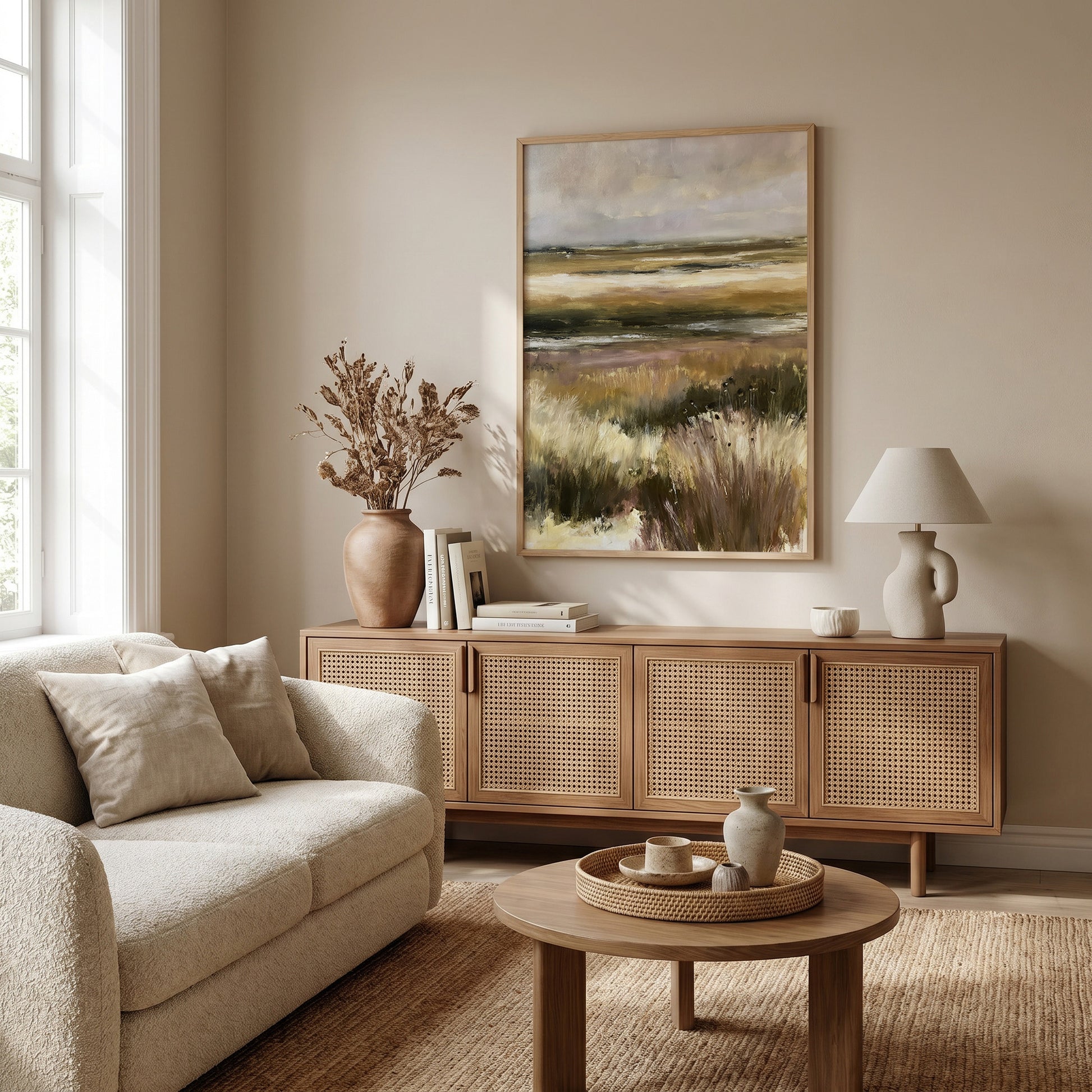 a cozy living room with a large painting of a field on the wall, a beige sofa, a wooden sideboard, and a round coffee table.