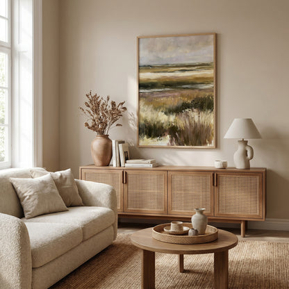 a cozy living room with a large painting of a field on the wall, a beige sofa, a wooden sideboard, and a round coffee table.