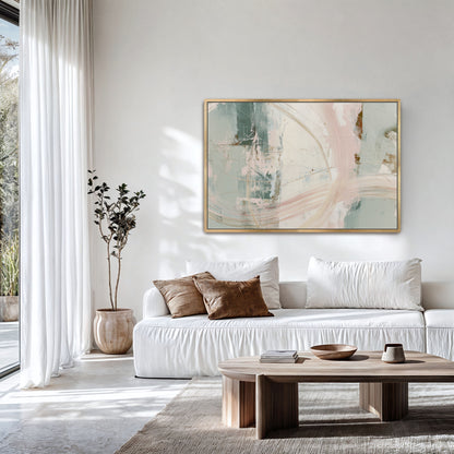 a modern living room with a white sofa, a wooden coffee table, and a large abstract painting on the wall.