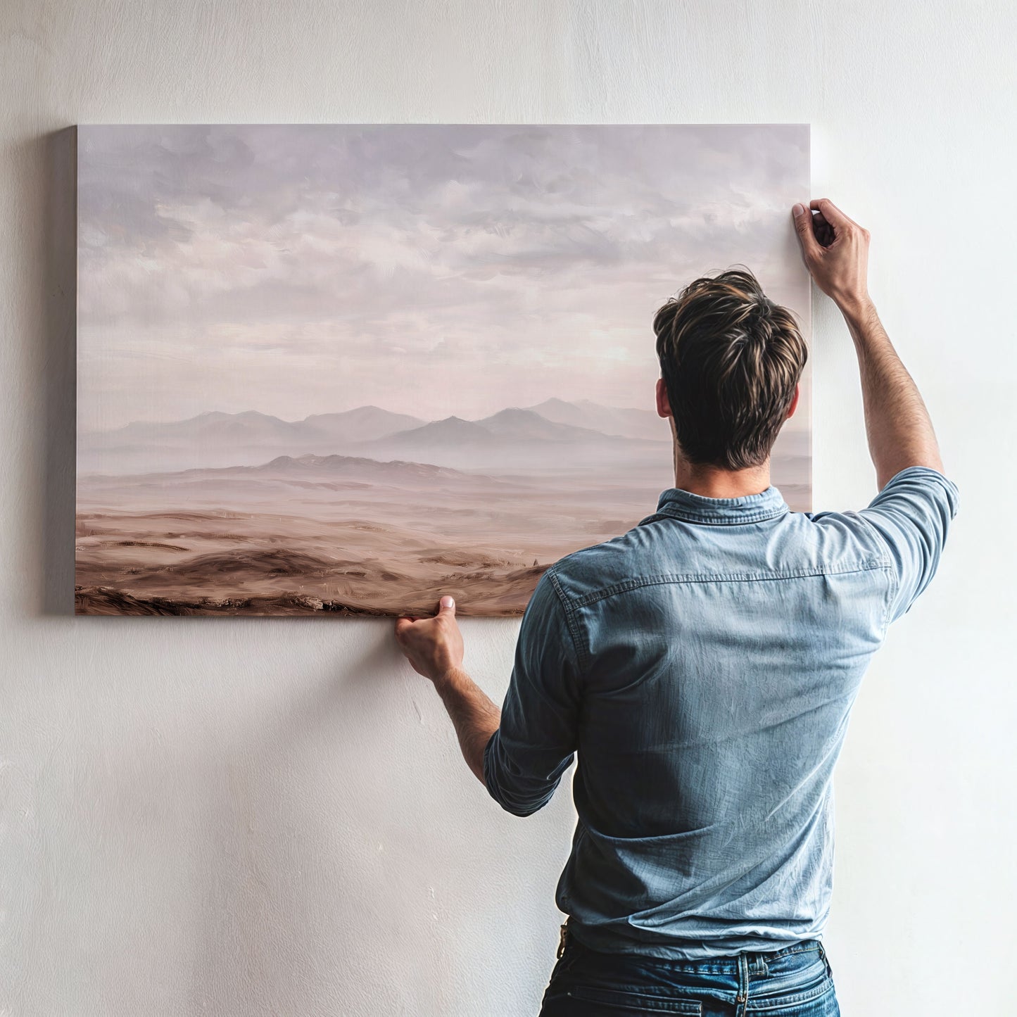 A man is hanging a large landscape painting on a wall, looking at the painting as he works.