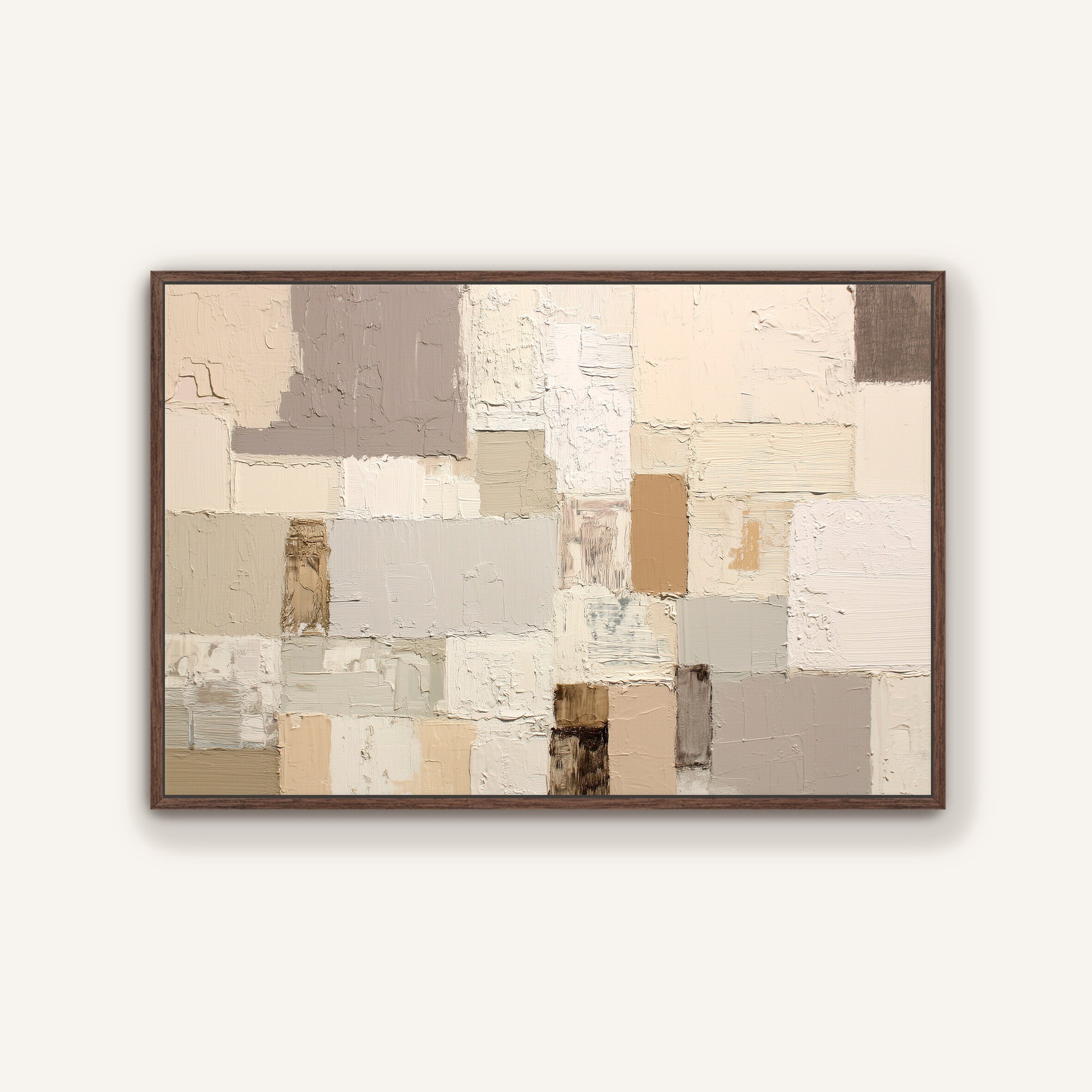 The image is a framed abstract painting with a variety of colors and textures, including shades of beige, gray, and brown.