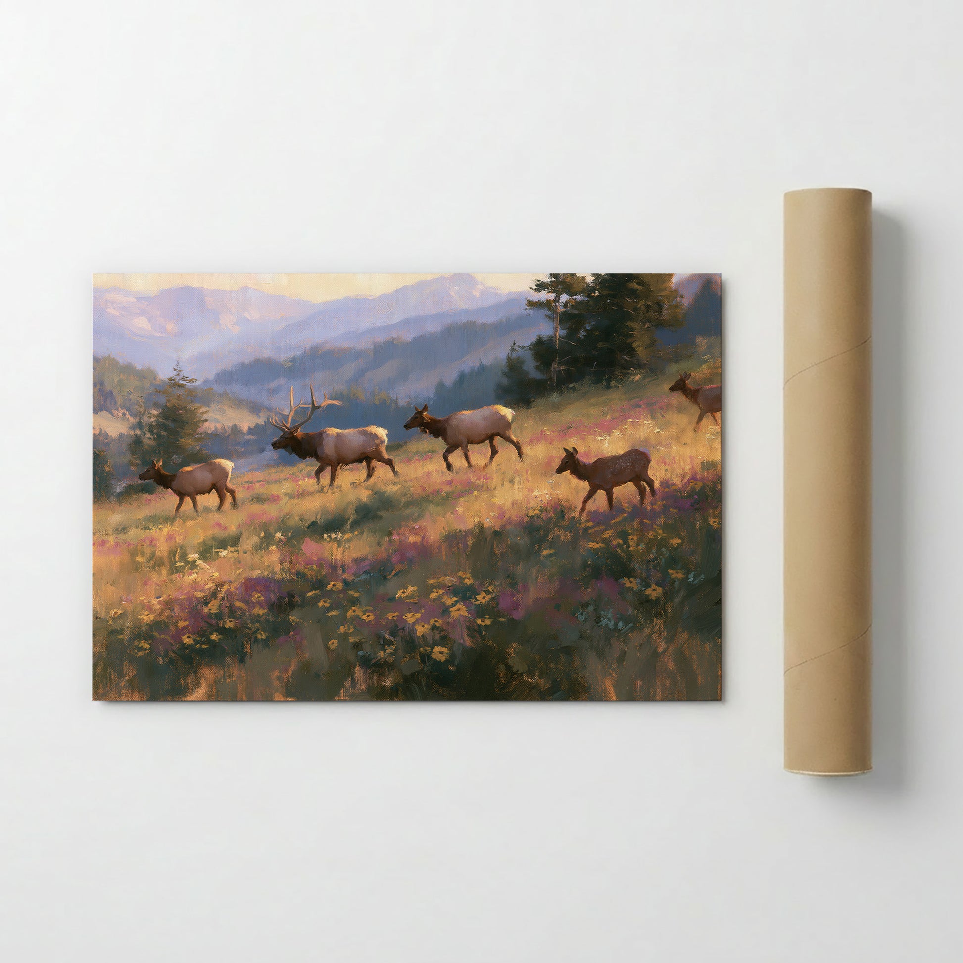 A group of elk is walking through a field of flowers, with mountains in the background.