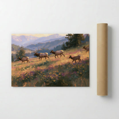 A group of elk is walking through a field of flowers, with mountains in the background.