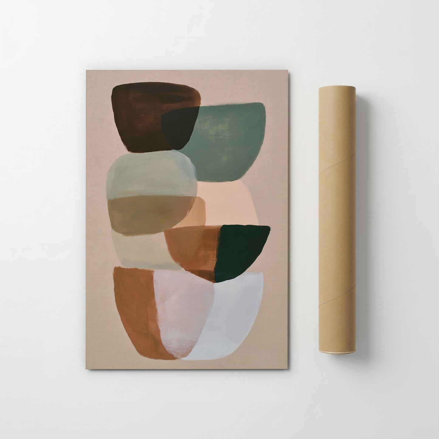 a painting of abstract shapes in various colors, including shades of brown, green, and white, arranged in a visually appealing composition.