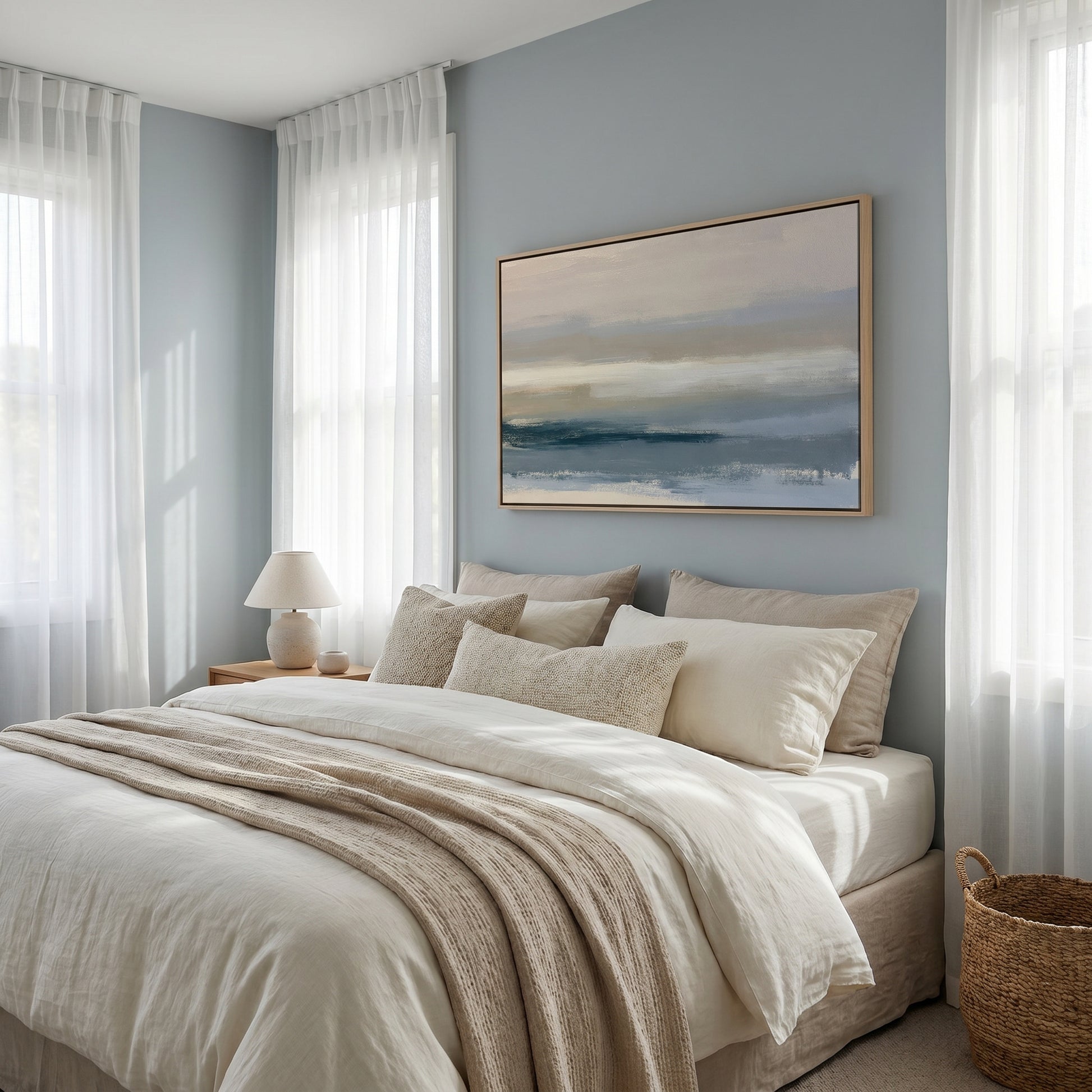 a serene and cozy bedroom with a large bed adorned with white linens and beige throw pillows. Above the bed, a large painting of a landscape with a blue sky and water adds a touch of nature to the room. The room is illuminated by natural light streaming in through the windows, creating a warm and inviting atmosphere.