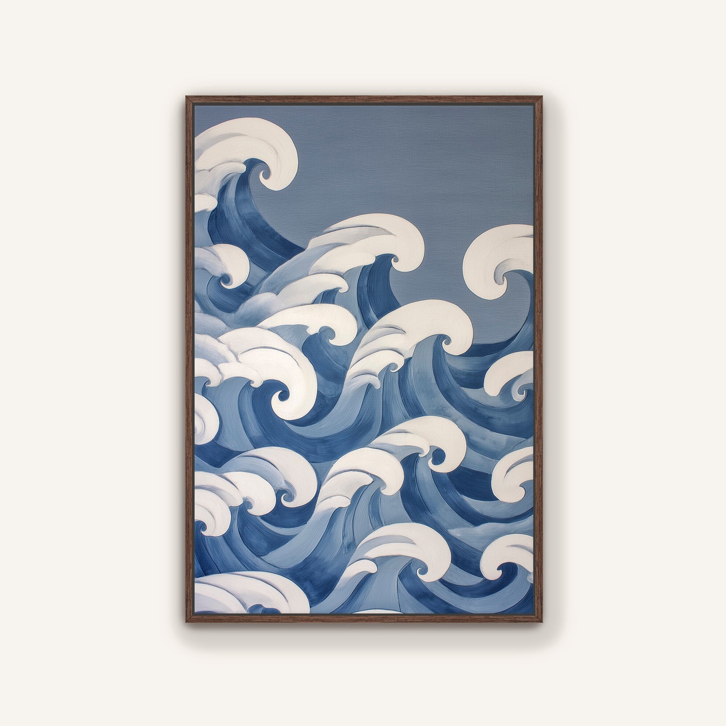 The image is a framed painting depicting a serene ocean scene with large, curling waves in shades of blue and white.