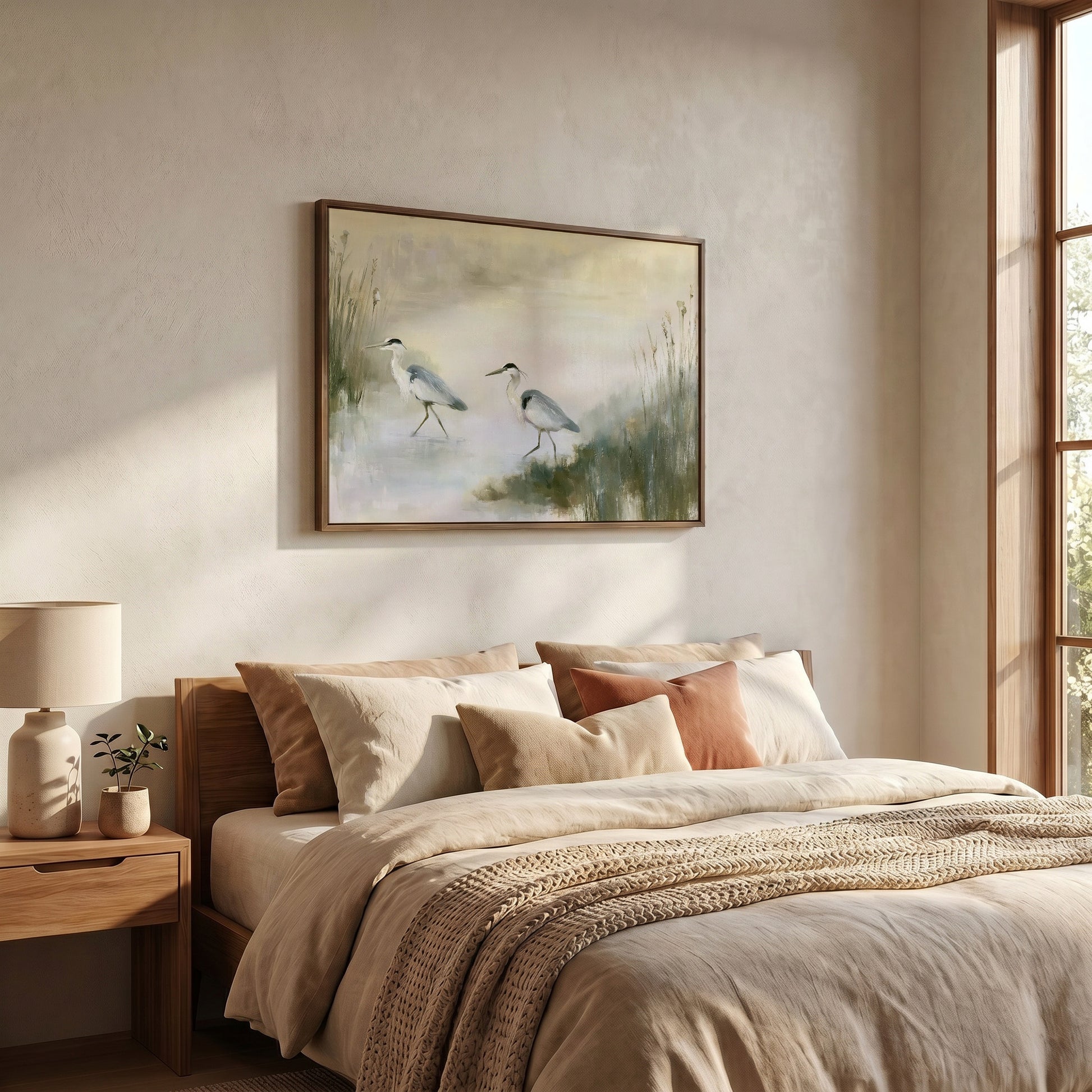 a serene bedroom scene with a large bed, a painting of two birds in a natural setting, and a lamp on a side table.