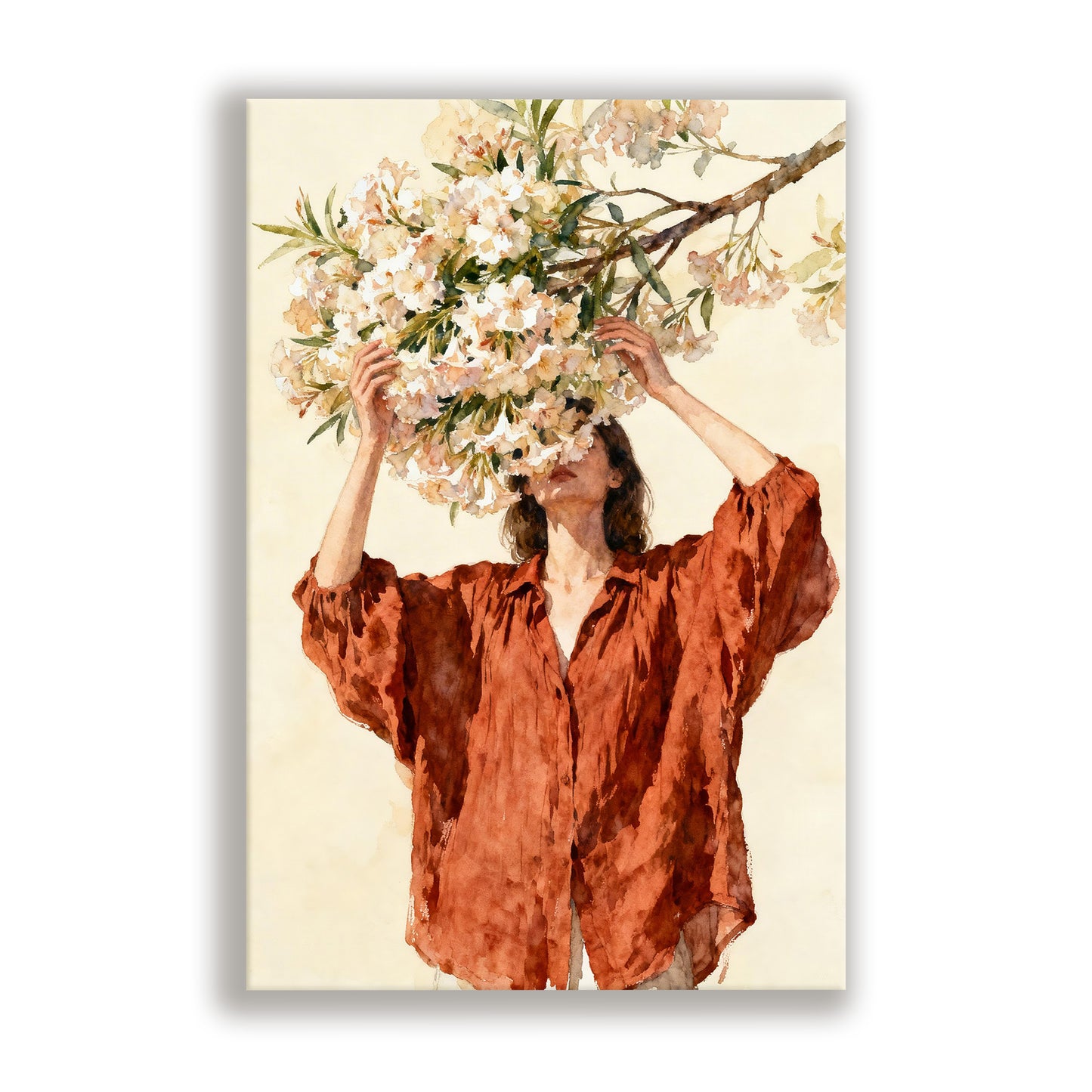 A woman in a red dress stands in front of a tree with white flowers, holding the branches up to her face.