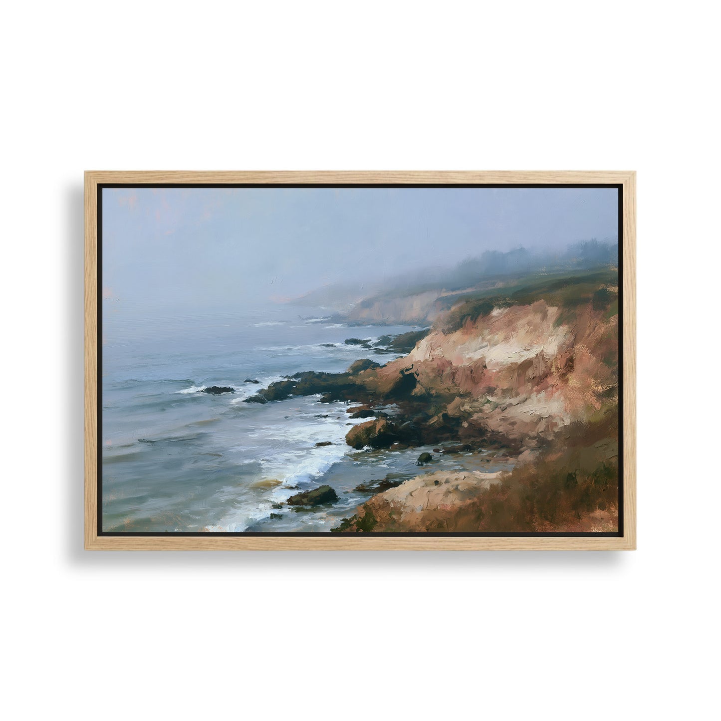 The image is a painting of a rocky coastline with crashing waves, set against a hazy, blue sky.